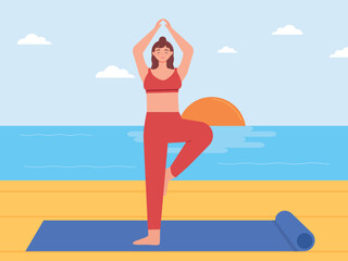 Woman exercising yoga on the beach. Outdoor sports. Yoga vector illustration.	