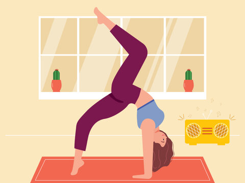 Exercising while listening to music. Woman's pose while doing yoga. Yoga vector illustration.