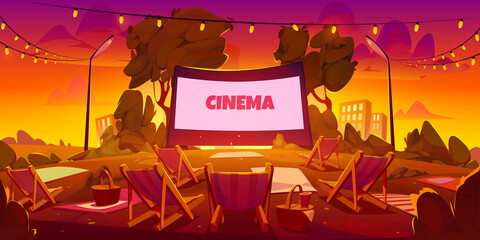 Open air movie theater in city park or backyard at sunset. Vector cartoon summer landscape with empty outdoor cinema with big blank screen on green lawn and chaises in evening
