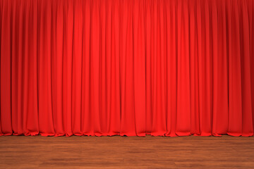 Theater stage with red curtains in the background