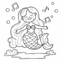 mermaid coloring book . Isolated on white background. Vector cartoon medmaid singing