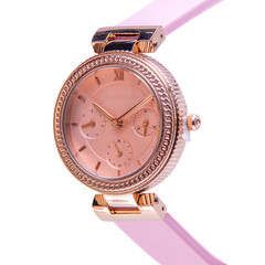 Wrist watch is pink color on white background.