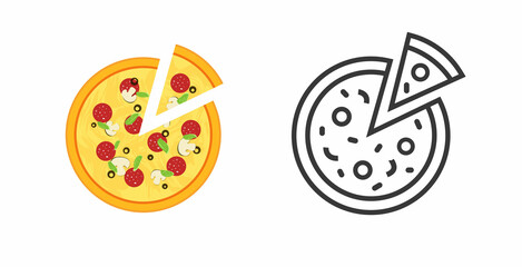 Pizza icon flat vector and line outline art slice piece pictogram graphic cartoon illustration isolated on white background, modern editable clipart design set image
