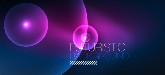 Shiny neon geometric abstract background. Glowing lights on round shapes, triangles and circles. Wallpaper for concept of AI technology, blockchain, communication, 5G, science, business