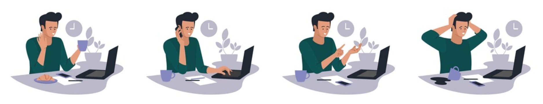 Online work. A man with a laptop. People and business. The working process. Infographics, presentation. Freelancer, work from home. Vector image.