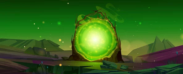 Foto auf Acrylglas Grün Nachtszene mit magischem Portal, fantastische Energietür zur außerirdischen Welt. Vektor-Spielhintergrund mit Cartoon-Fantasy-Illustration der Berglandschaft mit mystischem Grün, das im Holzrahmen leuchtet