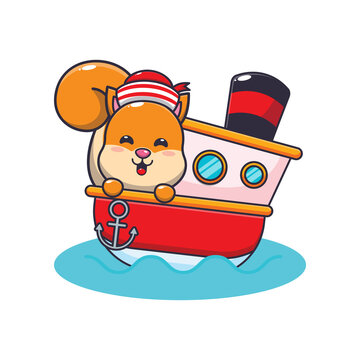 cute squirrel mascot cartoon character on the ship