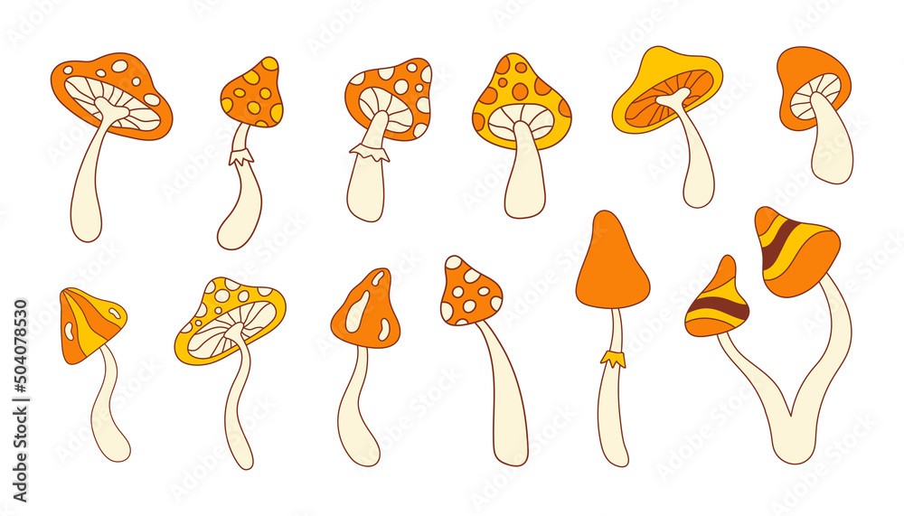 Wall mural retro set groovy mushrooms isolated on white background. trendy hippie vector illustration in style  - Wall murals