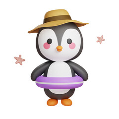 3d illustration of penguin using lifebuoy. 3d animal.
