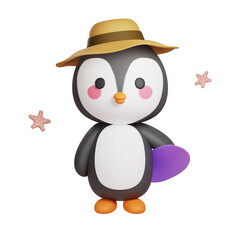 3d illustration of penguin with surfboard. 3d animal.