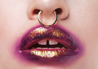 Sexy Lips. Beauty Purple Golden Lip Makeup Detail. Beautiful Make-up Closeup. Sensual Open Mouth.