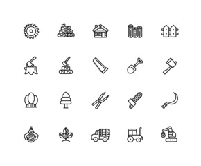 Collection of forestry industry linear icons. Set of equipment, wood symbols drawn with thin contour lines. Vector illustration.