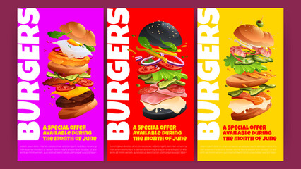 Burger special offer posters. Discount flyers for fast food restaurant. Vector vertical banners with cartoon illustration of flying hamburgers with buns, cheese, grill patty, tomato and egg