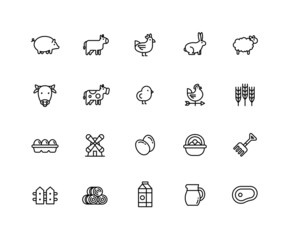 Livestock industry linear icons. Set of  harvest, Meat, dairy product symbols drawn with thin contour lines. Vector illustration.