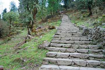 Rocky trail steps with natural landscape of green mountain view- Annapurna Himalayan range, Nepal