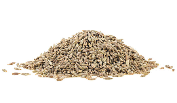 Heap of cumin seeds isolated on a white background, front view. Caraway seeds.
