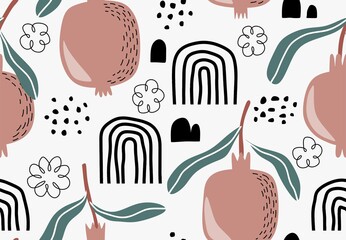 Seamless vector pattern with pomegranates and leaves