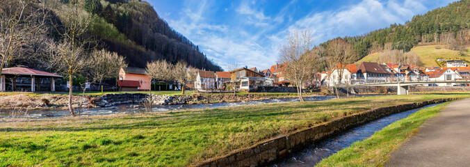 Cityscape with river Kinzig in Wolfach, Ordenaukreis, Black Forest, Germany - obrazy, fototapety, plakaty