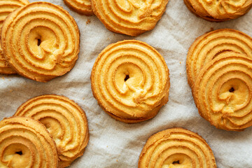Homemade Sprits Biscuits Ready to Eat, top view. Flat lay, overhead, from above. Close-up.
