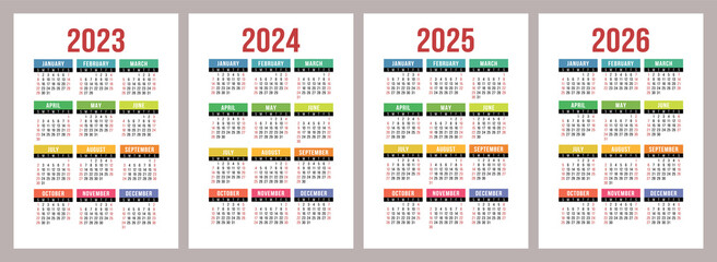 Colorful calendar 2023, 2024, 2025 and 2026. Color vector pocket calender design. Week starts on Sunday. January, February, March, April, May, June, July, August, September, October