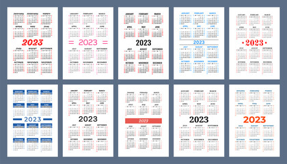 Calendar 2023 year set. Vector pocket or wall calender template collection. January, February, March, April, May, June, July, August, September, October, November, December