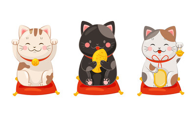 Set of Japanese lucky cat maneki neko. Traditional Japan culture black and white cat dolls vector illustration