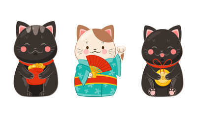 Japanese maneki neko cats set. Traditional Japan culture cat dolls vector illustration