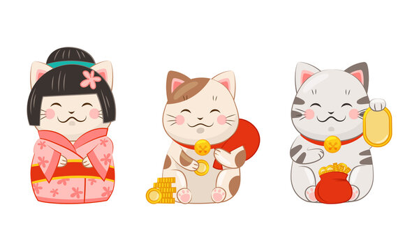 Set of Japanese lucky cat maneki neko. Traditional Japan culture cat dolls vector illustration