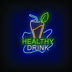 Healthy Drink Neon Sign On Brick Wall Background Vector