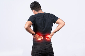 People with spine problems, man with back problems on isolated background, lumbar problems concept,...