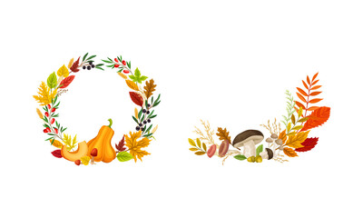 Bright Autumn Foliage with Pumpkin Pie and Mushroom Vector Composition Set