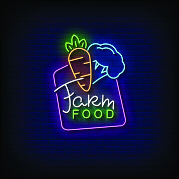 Farm Food Neon Sign On Brick Wall Background Vector