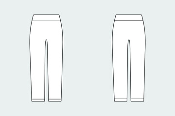 Woman leggings, trousers, pants vector template isolated on a grey background. Front and back view. Outline fashion technical sketch of clothes model.