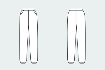 Woman and man unisex sport trousers, pants vector template isolated on a grey background. Front and back view. Outline fashion technical sketch of clothes model.