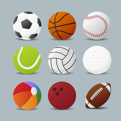 Vector-type sports-related soccer ball, basketball, volleyball, tennis ball, baseball, rugby ball, golf ball, bowling ball, beach volleyball