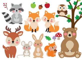 Cute woodland forest animals vector illustration including a bear, foxes, deer, raccoon, rabbit, rat, squirrel, and owl.