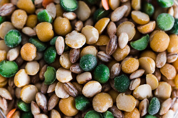 spice jar with lentil and bean soup mix close-up shot of pantry ingredients,