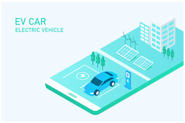 Obraz premium Electric car, EV car, charging battery at electric charging station. Sustainable green energy for ecology environment. Futuristic transportation technology.