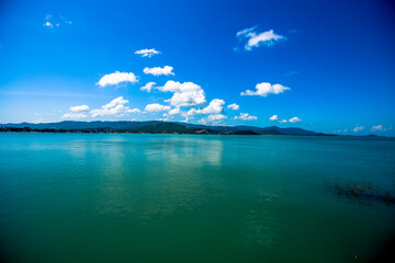Blurred nature background of the morning sun by the sea, a beautiful golden light, among the trees, rocks and local fishing boats, the beauty of nature during the day.