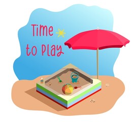 Beach sandbox with kids shovel, bucket and ball, in the shade of umbrella