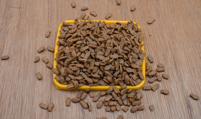 Dry cat food in a bowl