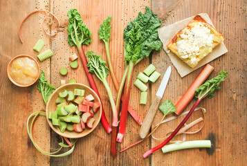 frisch Rhabarber Gericht Saison Ernte Stange Stücke Kuchen