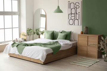 Interior of stylish room with big bed and mirror - Powered by Adobe