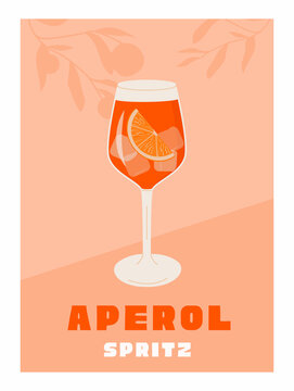 Campari Spritz Cocktail in glass with ice and slice of orange. Summer Italian aperitif retro poster. Wall art with alcoholic beverage decorated with orange wedges and citrus tree on background. Vector