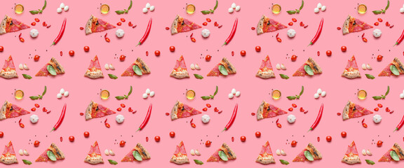 Many slices of tasty pizza and ingredients on pink background. Pattern for design