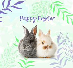Easter greeting card with cute fluffy bunnies and drawn branches