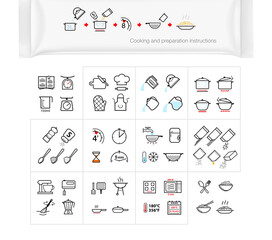 Cooking and preparation instructions. Set of sign for detailed guideline. Vector elements on a color background. Ready for your design.	