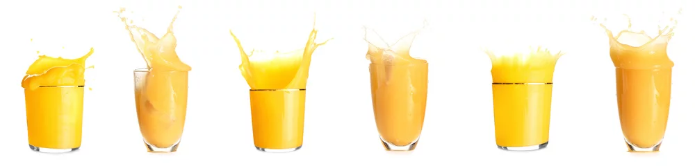 Fototapete Saft Many glasses of fresh juice with splashes isolated on white  © Pixel-Shot