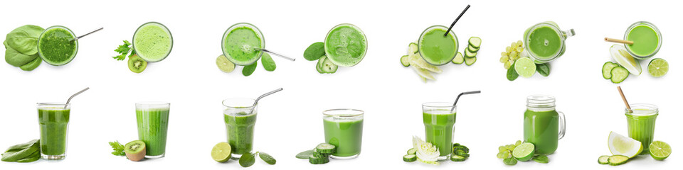 Set of healthy green juices on white background - obrazy, fototapety, plakaty