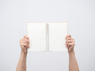 Man hand holding diary blank page isolated